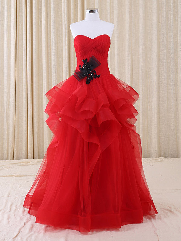 Strapless Red Ruffle Prom Dresses, Red Ruffle Strapless Formal