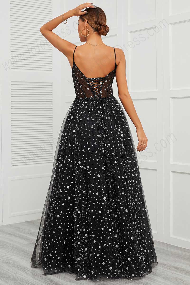 Black Maxi Formal Prom Dress with Stars EN5702