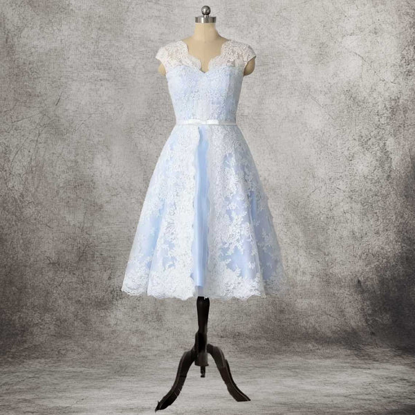 Blue Retro 1950s Vintage Tea Length Lace Wedding Dress DV3033