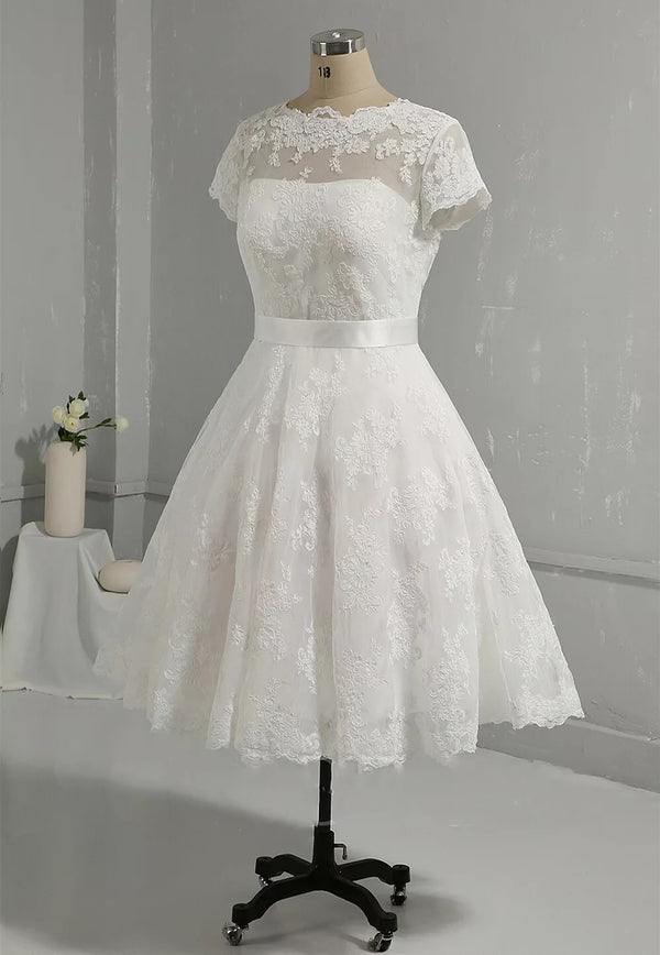 Retro 1950s Short Lace Wedding Dress with Short Sleeves | DV3034