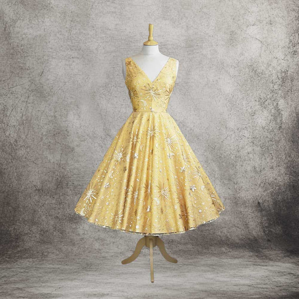 Yellow Retro 1950s Tea Length Dress with Sequins Lace DV3031