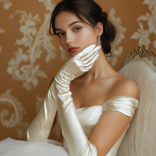 White Long Satin Gloves for Debutante, Wedding and Formal Events A1101