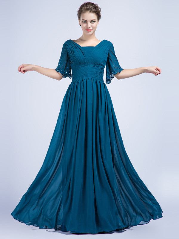 Teal Chiffon Full Length Formal Dress with Sleeves – JoJo Shop