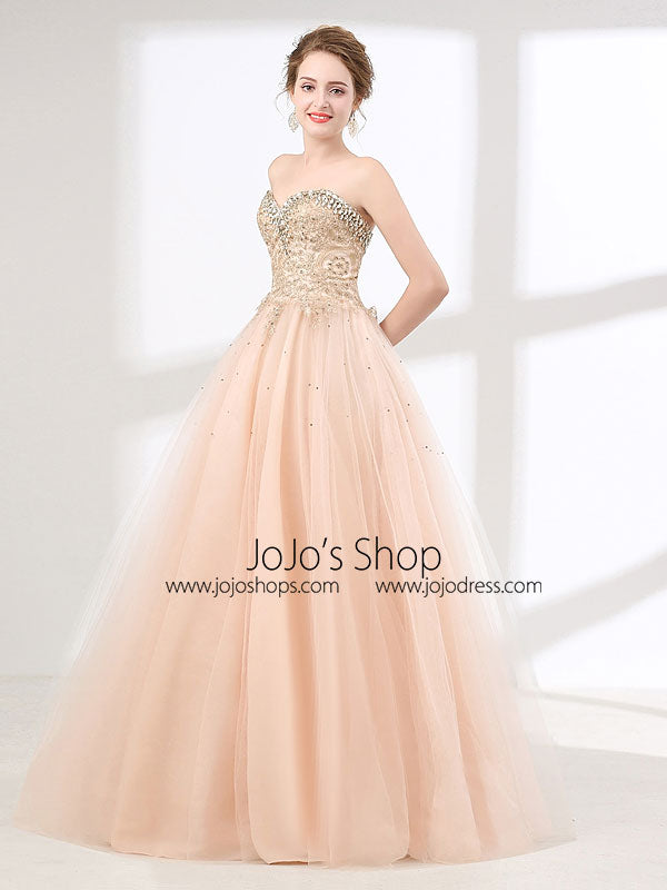 Blush Peach Strapless Ball Gown Formal Prom Pagaent Evening Dress