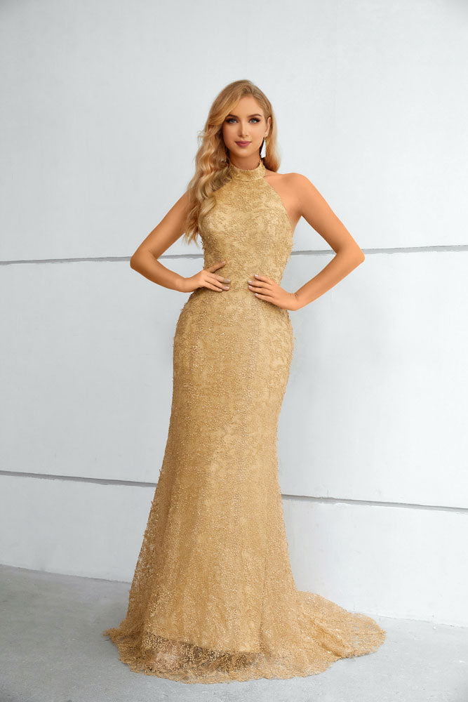 Maxi Long Gold Lace Halter Formal Prom Evening Dress EN5612