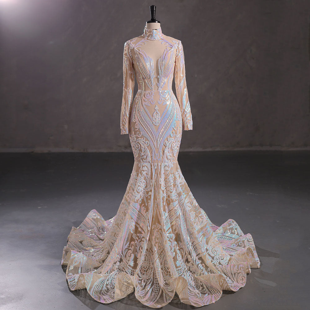 Hot Long Gold Sequins Lace Formal Evening Dress with Halter Neck EN541