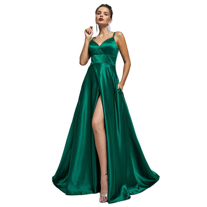 Green Maxi Satin Formal Prom Evening Dress EN5301