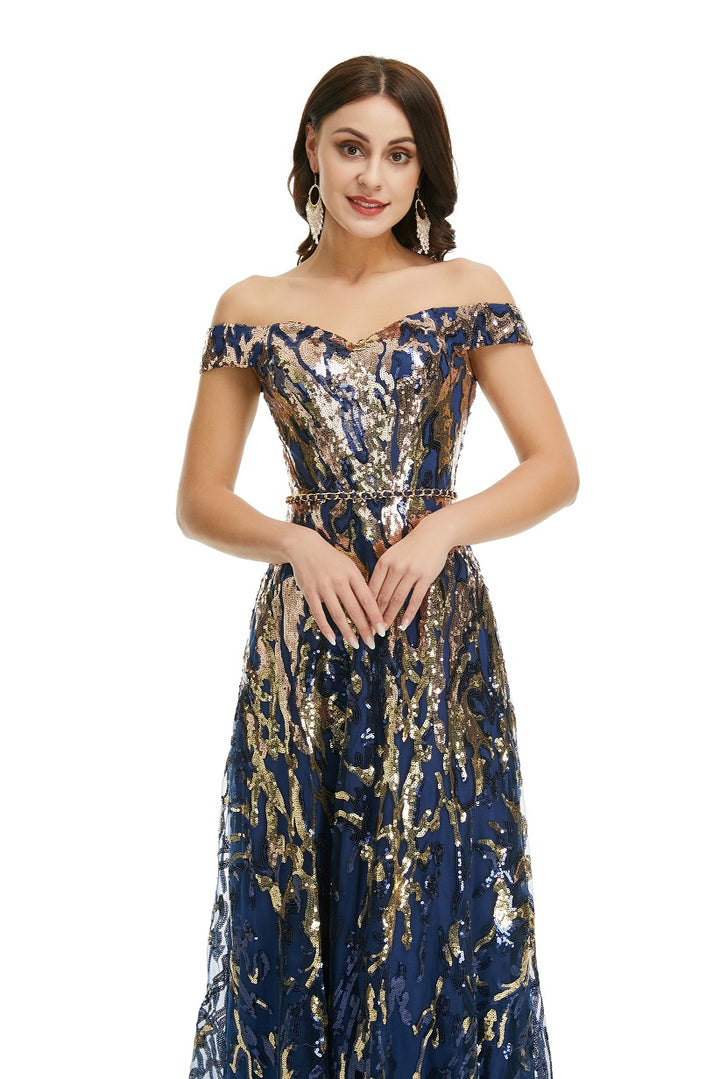 Shimmery Navy Sequins Formal Gala Evening Dress EN5008