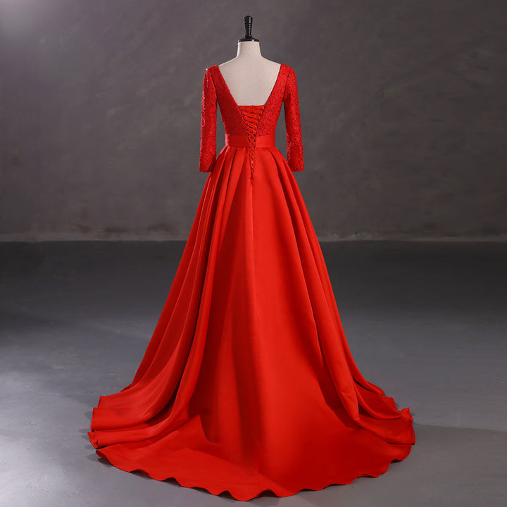 Red Satin Lace Ball Gown Formal Prom Dress EN5407