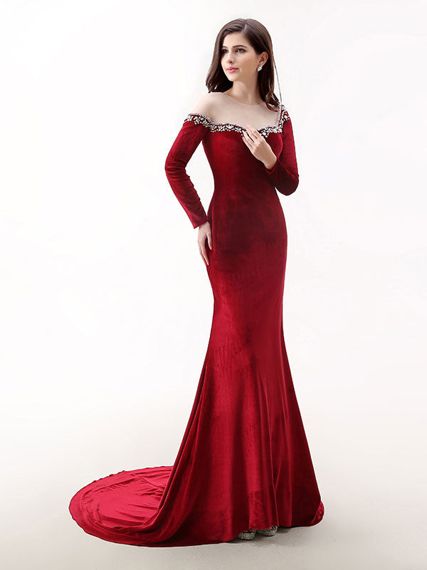 Long sleeve velvet formal hot sale dress