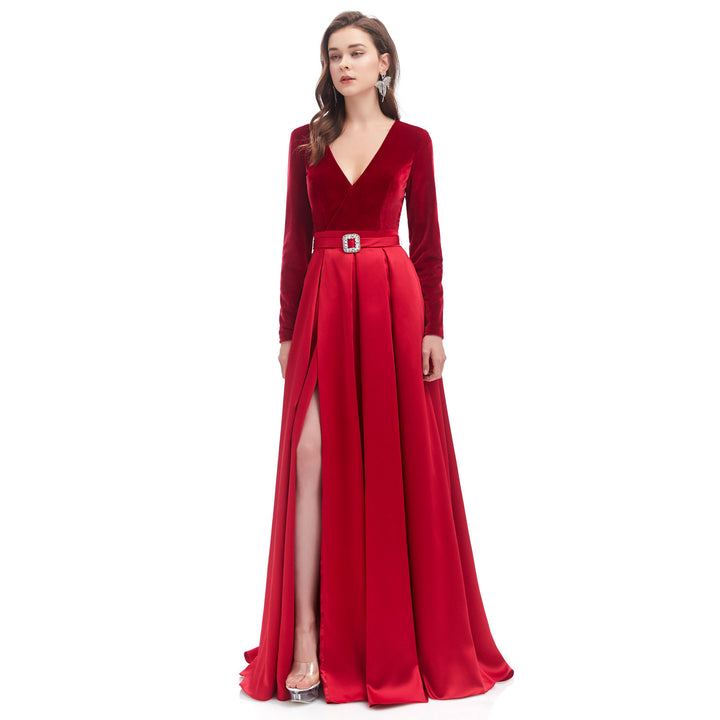 Red Velvet Maxi Formal Dress with Side Split EN4603