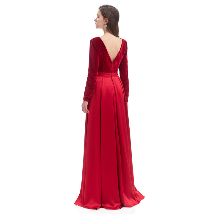 Red Velvet Maxi Formal Dress with Side Split EN4603