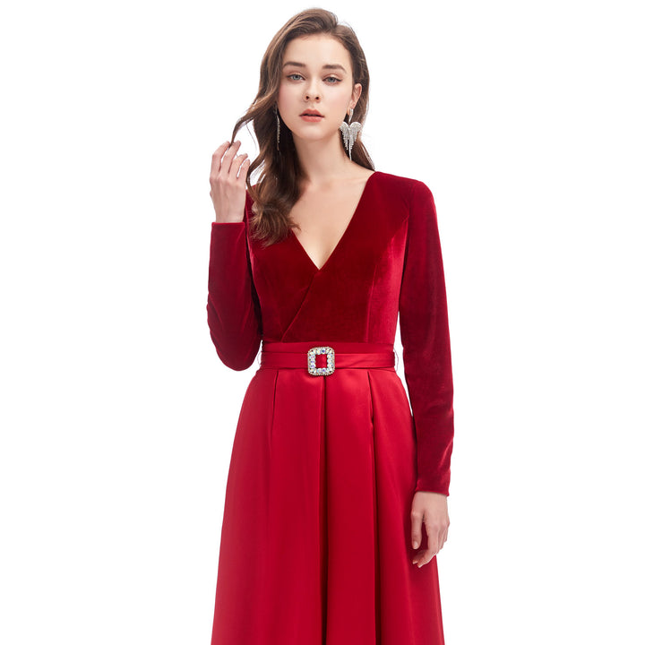 Red Velvet Maxi Formal Dress with Side Split EN4603