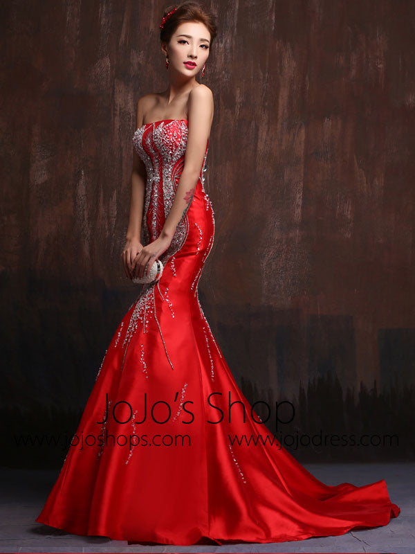 Red fit and hot sale flare prom dress